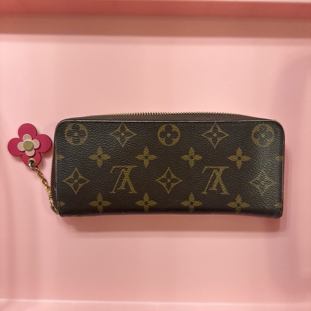 Louis Vuitton Monogram Coated Canvas Clemence Zip Wallet with Flower